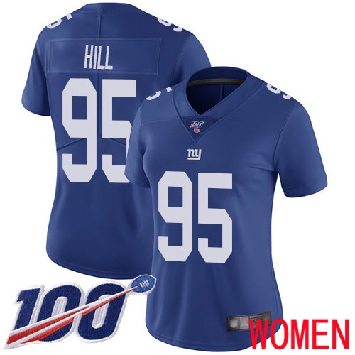 Women New York Giants #95 B.J. Hill Royal Blue Team Color Vapor Untouchable Limited Player 100th Season Football NFL Jersey
